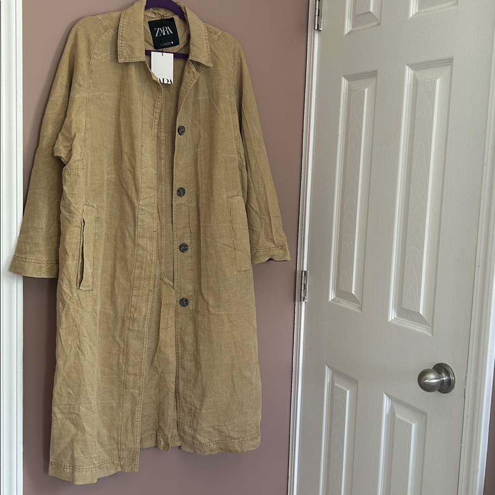 NWT Zara ZW Collection Fluid Washed Trench Coat Linen Oversized Neutral Size M - Picture 11 of 14